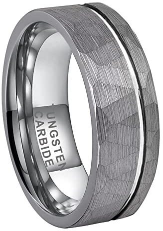 TUTISS Anelli in tungsteno martellato da 8 mm argento/nero/oro/oro rosa per uomo donna gioielli moda fidanzamento fedi nuziali linea offset finitura opaca comfort fit, Metallo, Nessuna pietra preziosa
