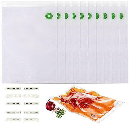 Vakuum Gefrierbeutel, 10 Stück Vakuumversiegelte Bags Kit, Einbeziehen 10 Weiße Reißverschluss Clips, je 26X40CM, für Lebensmittelaufbewahrung und Vakuumgaren, BPA Frei, Transparent
