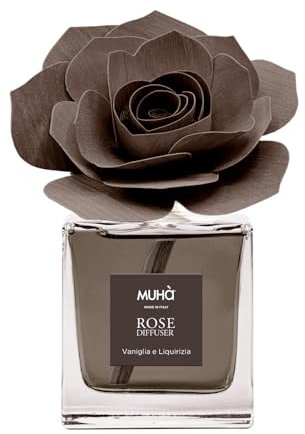 MUHA' | Raumduftspender Rosa Diffuser, Duft Vanille und Lakritz, Raumduftspender mit Rose aus Birkenholz, 100 ml Format.