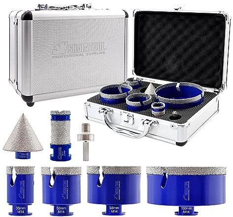 SHDIATOOL Diamant Bohrkrone Fliesenschneider 8 Stücke (25/35/50/68/100mm Bohrer+50mm Diamant Fasenbohrer+HEX) Fliesenbohrer für Keramische Fliesen Porzellan Marmor Granit M14 Gewinde