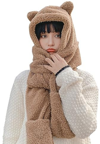 Upstore 3-in-1 süßer Winterschal für Damen, dick, warm, lang, mit Fäustlingen, weicher Plüsch, Kapuze, Mütze, Schal, multifunktional, Tiermütze, Schal, Fäustlinge, Halswärmer, Combo (weiß), khaki, 6