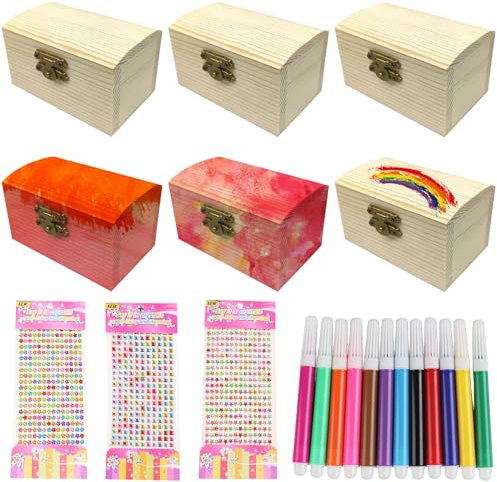 Molbory 6 Stücke Mini Schatztruhe aus Holz, Schatzkiste kinder, Kindergeburtstag mit Deckel& 3 x Aufkleber& 12-Farben-Aquarellstift, Rechteckige Holzschatzkiste für Piratenparty Geburtstags DIY