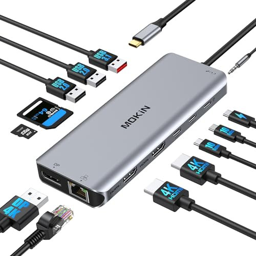 Station d'accueil USB C Docking Station Double Moniteur, 13 en 1 Dock USB C vers Dual HDMI et Displayport, 3*USB A/C 3.1, 2*USB A 2.0, RJ45, PD 100W, SD/TF, Docking Station pour HP Lenovo Dell