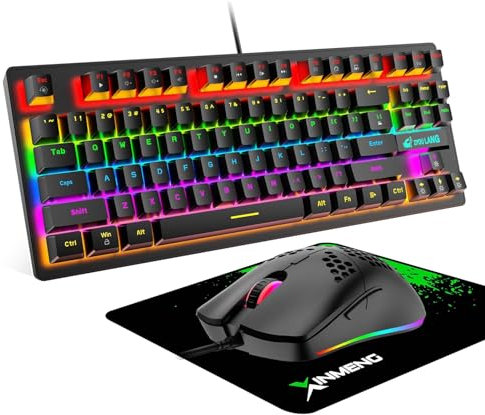 ZIYOU LANG Negro Juego de Teclado y Mouse para Juegos con Cable, 87 Teclas QWERTY Compacto del 80% TKL, Interruptor Azul Clic Teclado Mecánico con Luz LED Arcoíris + Mouse Ligero de Panal de Abeja