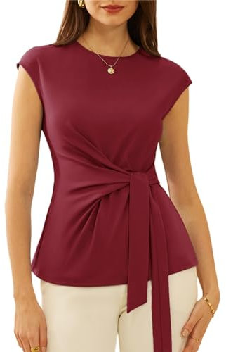 GRACE KARIN Damen Leichte Sommer Bluse Rundhalsausschnitt Retro Krawatten Bluse Slim Fit Tunika Casual Einfarbige Oberteile für Kleid Dunkelrot S