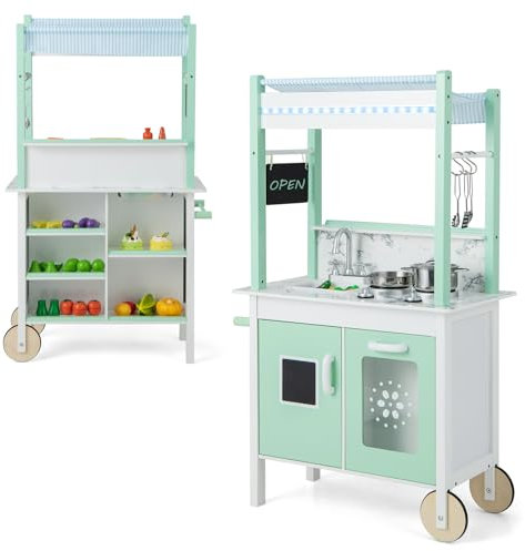 GOPLUS 2 in 1 Kinderküche & Kaufladen, Doppelseitige Spielküche mit LED-Lichtleisten, Tafel, Spüle, Herden & komplettem Zubehör, Rollenspiel Set mit Griff & Rädern für Kinder ab 3 Jahren, grün