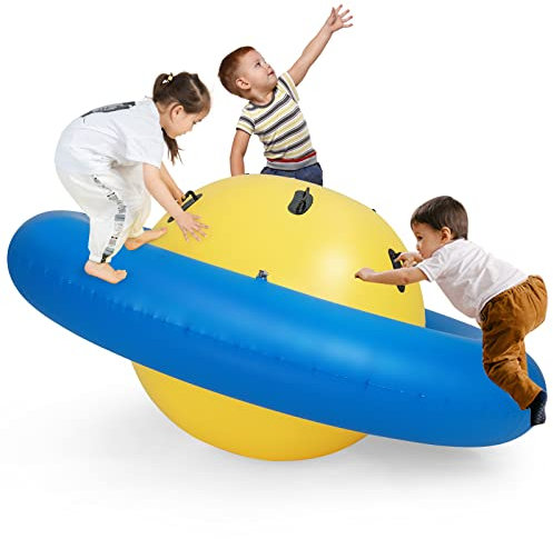 COSTWAY Aufblasbare Kuppelwippe für Kinder, 223 cm große Kinderwippe zum Rollen, Neigen, Klettern & Hüpfen mit 6 integrierten Griffen, Outdoor-Wippe für Kinder ab 5 Jahren (Gelb + Blau)