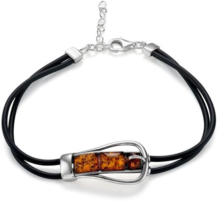 Bracciale In Ambra Con Corda Nera Regolabile E Argento 925 Sterling