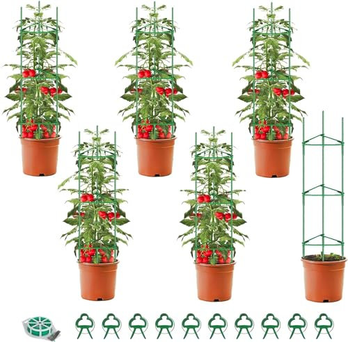 MYMULIKE Tomate Rankhilfe 121CM, Rankgitter Metall, Pflanzenhalter für Tomate, Tomate Rankhilfe für Gurken, Rosen und Blumen Mit 10 Pflanzenclips 1 Ribbon, Grün (6 Set)
