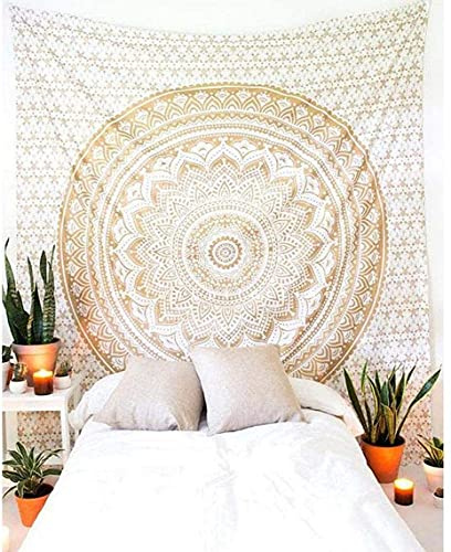 Großer Baumwoll-Tapisserie, Ombré-Mandala, Wandbehang, goldfarben, bedruckt, Mandala, dekorativer Baumwollboho-Überwurf, Strand, Picknick-Matte, Wohnkultur (Weißgold, Ombré-Mandala, 220 x 215 cm)