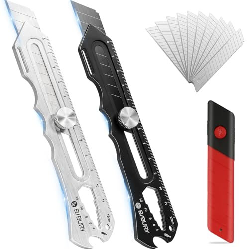 BIBURY 2 PCS Cutter Professionnel Rétractable en Acier Inox avec 10 Lame Cutter(18 mm), Cutter de Précision avec Mécanisme de Changement Rapide,Cutter pour Bureau,Maison,Cadeau Homme - Noir e Argenté