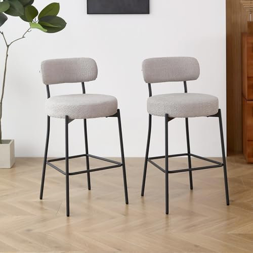 LONXIU Barhocker 2er Set, Barhocker mit Lehne aus Bouclé-Stoff, barstuhl mit schwarzen Metallfüßen für Küche, Bar, Esszimmer, Grau