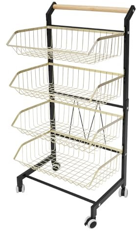 NIGORIY Küchenwagen, 4 Böden Servierwagen mit Rollen, Schmales Regal 4 360° Drehbare Räder(2 mit Bremsen), Rollregal 12mm Verdickte Laminate 10kg Tragfähigkeit (Schwarz mit Gold)