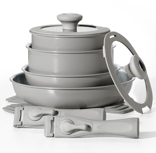 BLAZANT Juego de ollas y sartenes de cerámica antiadherentes, ollas y sartenes con mango desmontable, juegos de utensilios de cocina de inducción para cocina de inducción, juego de cocina de RV, apto