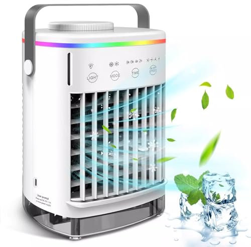 Condizionatori d'aria portatili, mini condizionatore d'aria personale con 3 velocità, dissipatore d'aria evaporativo della nebbia con timer 8H, ventilatore dell'unità di corrente per la stanza, tenda,