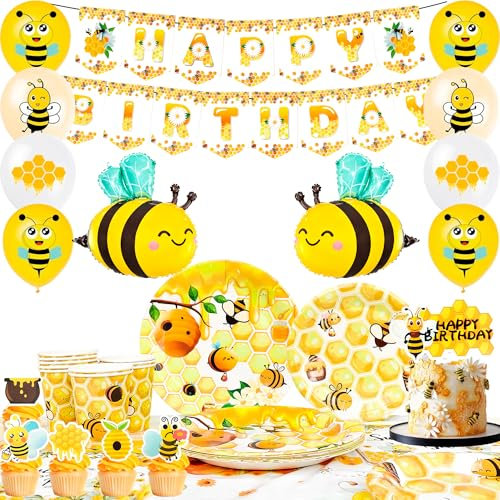 Biene Party Dekorationen, 69 Pcs Biene Geburtstagsdeko Biene Party Tableware Set, Biene Geburtstag Banner Luftballons etc Hummel Party Dekorationen