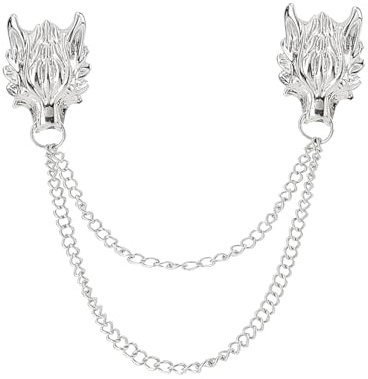 QLEUIFT 2 pcs Tête de Loup Longue Chaîne Broche Épinglette pour Hommes Collier Chaîne Gland Broche Épingles Manteau Costume Vêtements Décoration Accessoires Mari Anniversaire Cadeaux, Argent