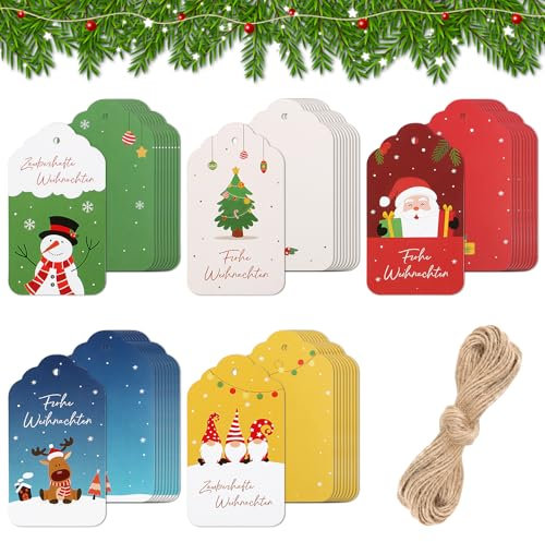 BOFUNX 100 Stücke Weihnachten Geschenkanhänger Weihnachten Geschenketiketten zum Beschriften Bunt Papieranhänger für Weihnachten Geschenke