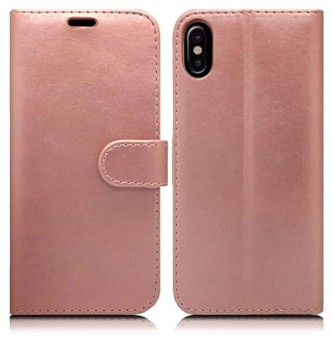 Leather Case Compatible with iPhone X/XS – Premium Leather Wallet Flip Cover with Kickstand and Card Slots For iPhone X (Rose Gold)