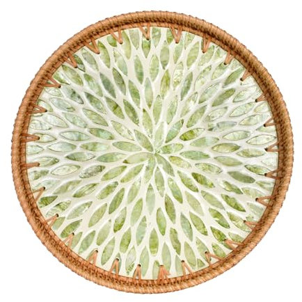 SAVOSWEET Round Rattan Tray 30cm, Decorative Dish, Mosaic Serving Tray, Rustic Trays for Coffee Table, Hand Woven Rattan Trays for Coffee, Beverage, Tea, Candles, Fruit, Snacks Style B