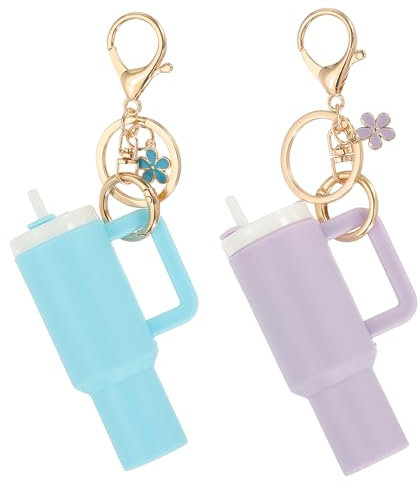 PATIKIL Mini Tumbler Keychain, 2Pcs Mini Cup Keychain Lip Balm Holder Cute Charm Key Chain for Backpack Charm Women Purse Handbags, Blue, Light Purple Flower