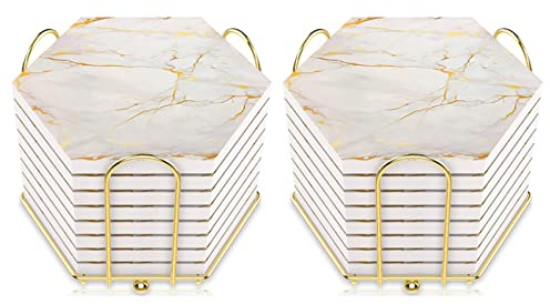 MVOSJFIE 16 Pcs Coasters for Drinks Absorbent with Holder Marble Design Ceramic Coaster Set Super Absorbent Hot and Cold Drink