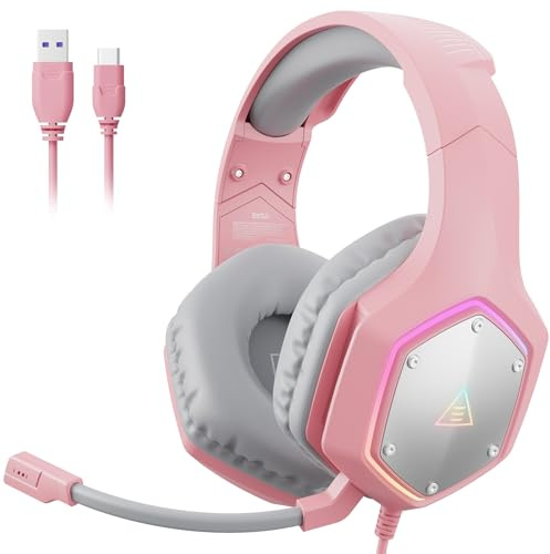 EKSA E1000V2 Gaming Headset, Type-C & USB-A Schnittstelle Headset Mit Mikrofon, 7.1 Surround Sound & RGB-Licht PC Headset, Gaming Kopfhörer für PC/PS4/PS5/Mac