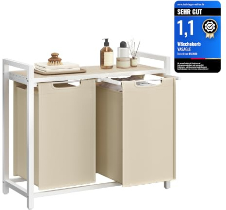 VASAGLE Wäschekorb 2 Fächer, mit Ablage, Metallrahmen, 2 x 46 L | Wäschesack aus Oxford-Gewebe abnehmbar, 73 x 33 x 72 cm, cappuccinobeige-naturbeige, BRENTA Kollektion BLH201LH01