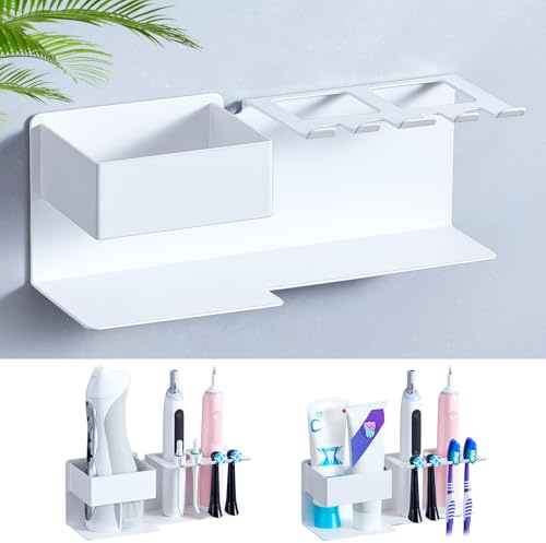 WAYASI Electric Toothbrush Head Holder, Electric Toothbrush Holder, Adhesive Toothbrush Holder Wall Mounted, Tooth Brush Head Holder, Water Flosser and Toothpaste Holders for Bathroom (White)