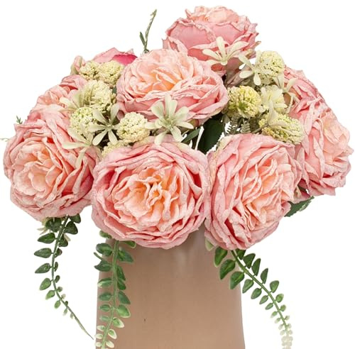 KP HOME Blumenstrauß künstlich aus Rosa Rosen – Deko Kunstblumen Wie Echt mit 9 Blüten - 40 cm Hohe Seidenblumen für Innen & Außen, Tischdeko, Hochzeiten, Events oder Grabgestecke