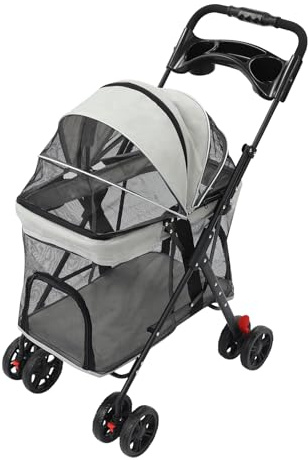 Faltbarer Haustier-Trolley 62×50×98 cm, bis 12 kg, Hundebuggy mit Getränkehalter, Oxford-Korb & Markise, mobiler Transportwagen für kleine/mittlere Hunde und Katzen (Grau+Schwarz)
