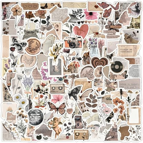 Pack of 120 Vintage Aesthetic Sticker Set, Vinyl Waterproof Stickers Scrapbook Supplies for Laptop, Water Bottle, Diary