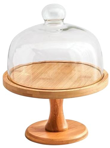 Licsaliwe Wooden Cake Stand with Glass Lid 8 Inch Detachable Dome Holder for Dessert Fruit Display