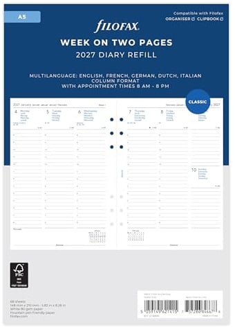 Filofax A5 Woche auf 2 Seiten, 5-sprachige Termine, 2027, Terminplaner 27-68514