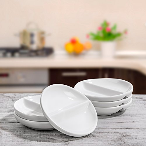 Urban Lifestyle 6 x Runde Saucenschälchen Porzellan mit Unterteilung Stapelbar Shikoku (Ø 9 x 1,8cm Doppelschälchen) Sojasauce Schälchen, Sushi Schälchen, Fingerfood Gewürzschalen Dipschalen Set