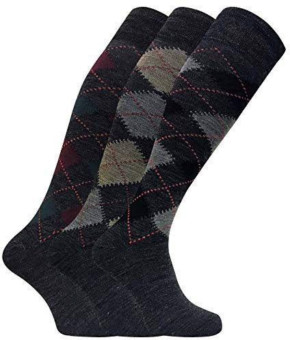 Sock Snob - 3 Pairs Mens Extra Long Knee High Argyle Lambs Wool Dress Socks in Brown or Grey (6-11 uk, ELLW Grey)