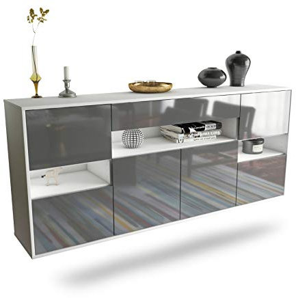 Sideboard Downey hängend (180x77x35cm) Korpus Weiss matt - Front Hochglanz Grau - Push to Open - Leichtlaufschienen