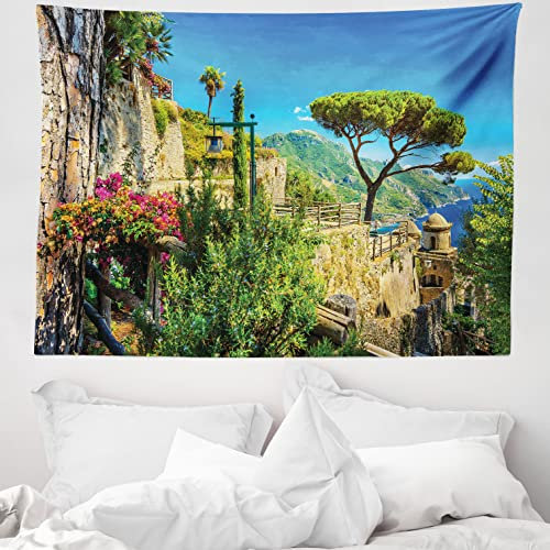 ABAKUHAUS Landschaft Wandteppich, Dorf Bäume Blüten aus Weiches Mikrofaser Stoff Waschbar ohne Verblassen Digitaldruck, 150 x 110 cm, Himmelblau Grün