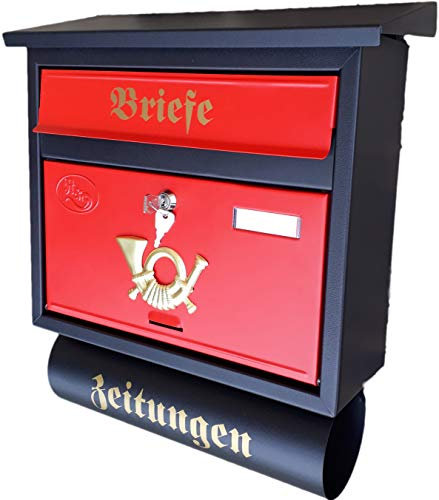Großer Briefkasten/Postkasten XXL mit Abnehmbarer Zeitungsrolle Flachdach Katalogeinwurf Zeitungsfach (Schwarz - Rot)