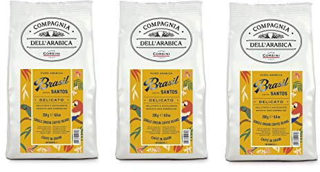 Caffè Corsini - Cafè en Grains 3x250g Compagnia Dell'Arabica Brésil Santos, Mono Origine, Délicat, 750g au Total