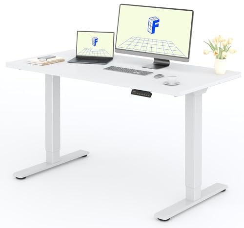 FlexiSpot Höhenverstellbarer Schreibtisch mit 2 Motoren & 25MM einteiliger Tischplatte,ergonomischer Bürotisch - 140 x 80 cm Weiß, weißes Gestell