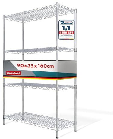 Floordirekt | Everest | Étagère de Rangement multifonctionnelle | Idéale pour la Cuisine, la Salle de Bains | Capacité de Charge : 70 kg par étagère | Chrome, 90 x 35 x 160 cm | 4 étagères
