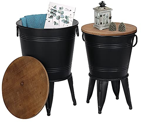 Farmhouse Accent Side Table, Rustic Antique Galvanized End Coffee or Cocktail Table, Storage Metal Bin with Round Wood Lid Set of 2 (Black)