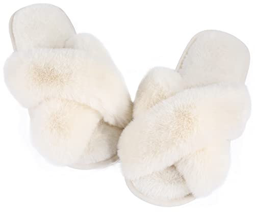 Ankis Women Slippers White Fluffy Slippers Memory Foam, Cross Band Furry Open Toe Slippers Cozy Plush Home Shoes Indoor Outdoor Anti-Slide Slipper, 7/8 UK