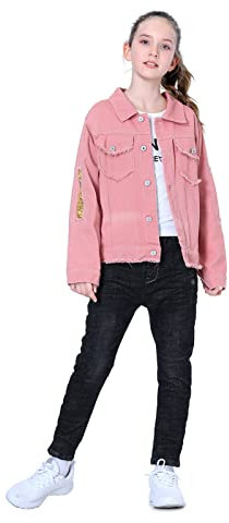 L SERVER Giacca Jean Bambina Giubbotto Denim con Maniche Lunghe Outwear Primavera Autunno Abbigliamento, Rosa, 8-9 Anni