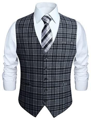 HISDERN Anzugweste für Herren Formale Weste Hochzeits Party Westen Plaid Klassisch Business Anzugwesten Schwarz L