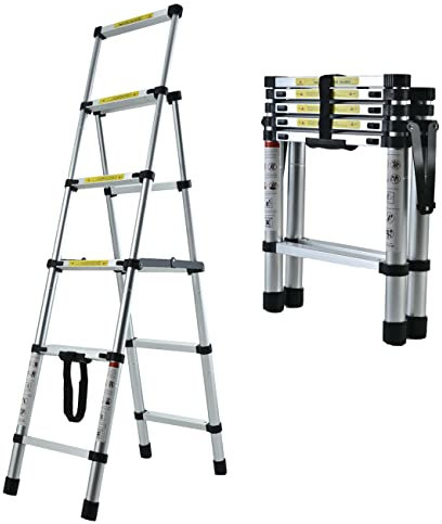 Aluminum Telescoping Ladders Multi-Purpose Ladder 4 5 Step Ladders (1.4M-1.7M) with EN131 Certified, Max Capacity 150KG/330lbs For Outdoor & Indoor Use