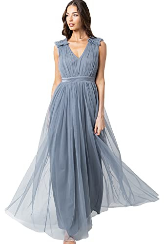 Maya Deluxe Damen Maya Deluxe Women's Maxi With Ruffle V Neck Sleeveless High Empire Waist Long Prom Guest Weddi Bridesmaid Dress, Dusty Blue, 42 EU
