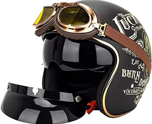 3/4 Retro Jet Motorcycle Helmet, Bicycle Helmet, Open Face Motorcycle Helmets with Sun Visor Vintage Vespa Scooter Helmet, for Adults, Men, Women, ECE Approved Helmet