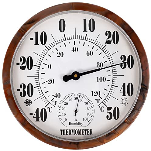 Indoor Outdoor Thermometer Hygrometer - 10 Inch Outdoor Thermometer Large Numbers, 2 in 1 Thermometer Hygrometer, Outside Thermometers for Patio (Brown)